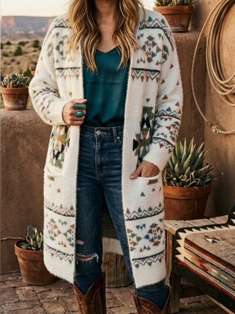 My Michelle Aztec Boho Geometric Open Front Duster Cardigan White Multicolor XL